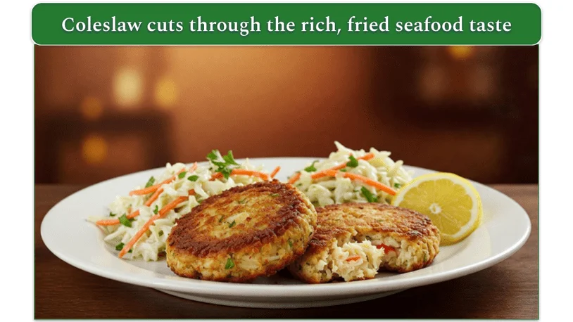 2 crab cakes on a plate with some coleslaw and a slice of lemon.