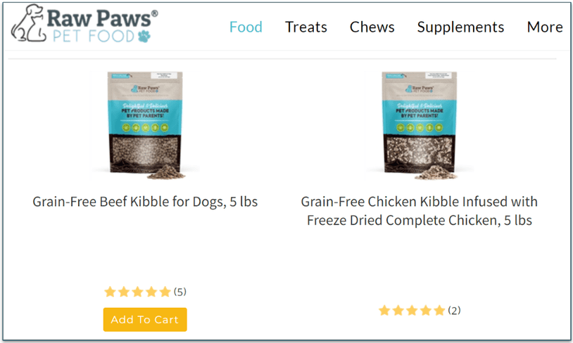 Raw Paws Pet Food's kibble selection
