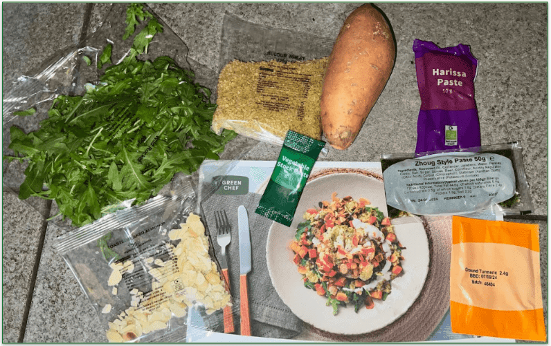 Photo of all the ingredients set out for a Green Chef recipe next to the recipe card