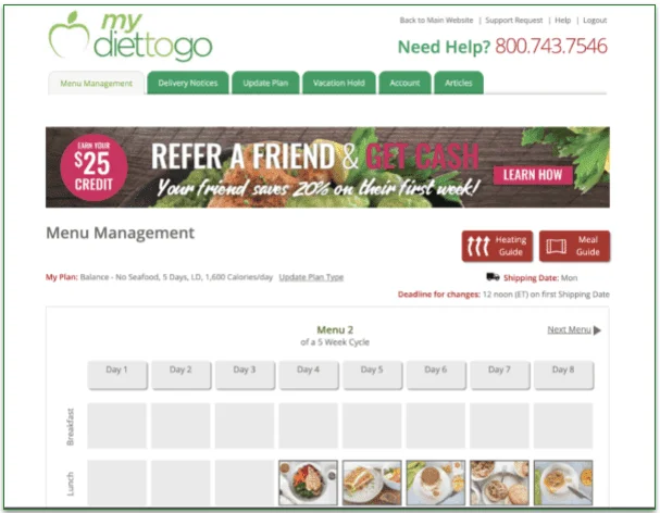 Diet-to-Go's account menu screen
