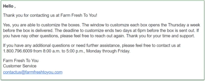 Farm Fresh to You customer support team's response