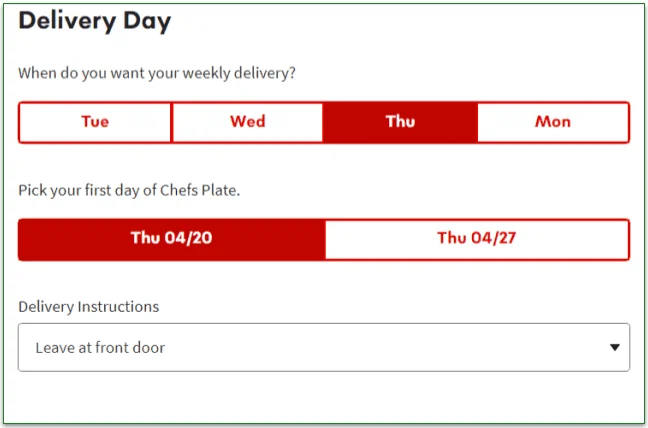 Delivery day choices from Chefs Plate