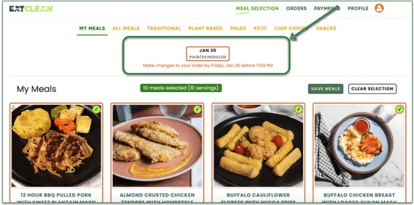 Screenshot of Eat Clean's account page with the deadline for making changes highlighted