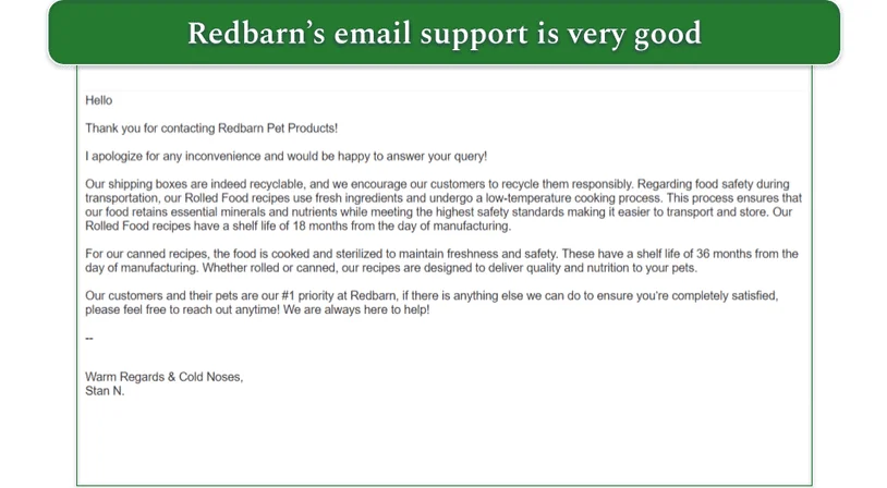 Redbarn customer support representative's answer