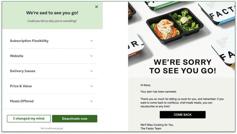 Image of Factor's canceling questionnaire next to confirmation of Factor being canceled