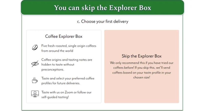 Screenshot of Driftaway Coffee's "Choose your first delivery" screen