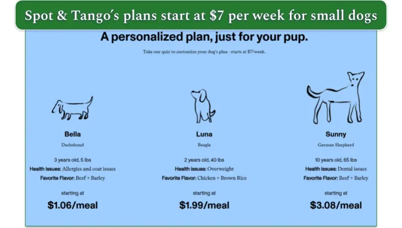 Spot & Tango's prices for different-size dogs