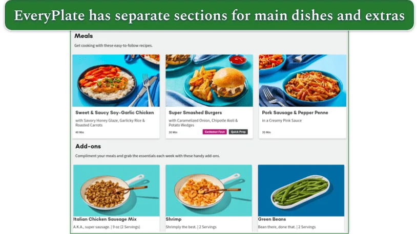 EveryPlate's Meals and Add-ons sections
