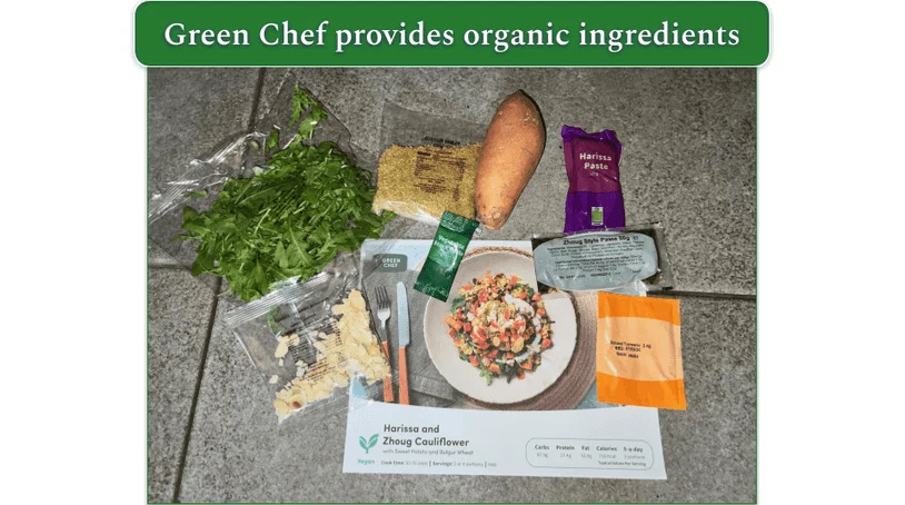 Ingredients and recipe card for Green Chef’s Harissa and Zhoug Cauliflower