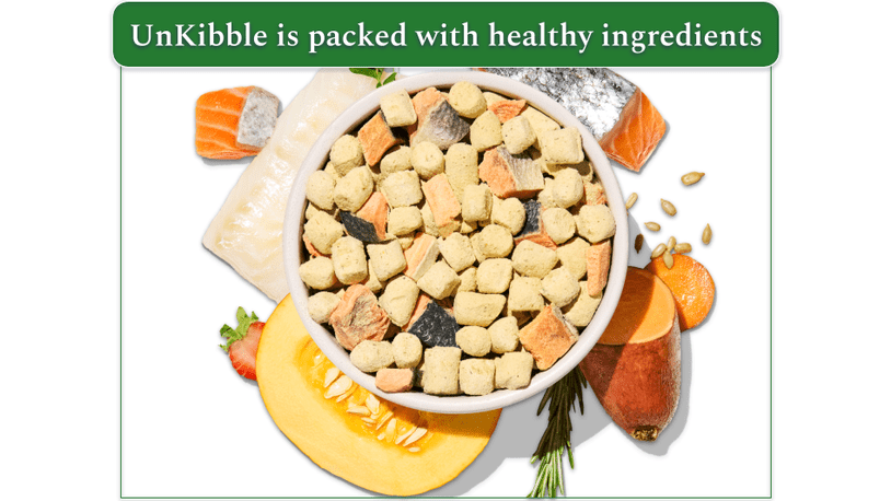 spot & tango unkibble surrounded by fresh ingredients