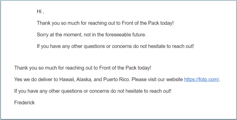 Front of the Pack’s customer support is quick and efficient