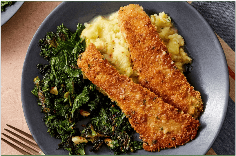 Blue Apron's Herb-crusted rockfish served with kale and mashed potato