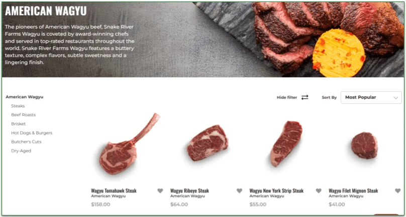 American Wagyu beef menu on Snake River Farms