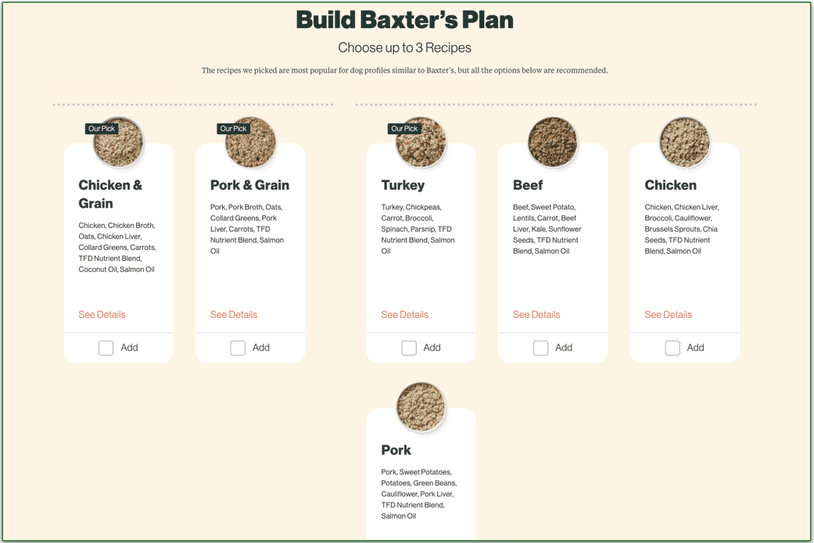 The Farmer's Dog recipe choices on the plan page
