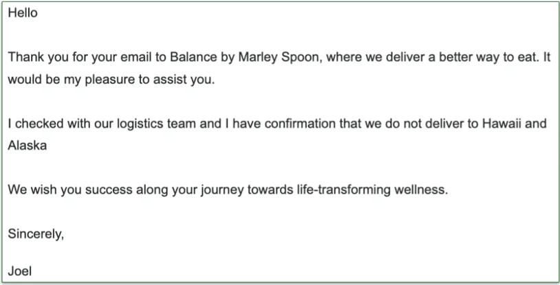 A response from the customer support team over at Balance by Marley Spoon.