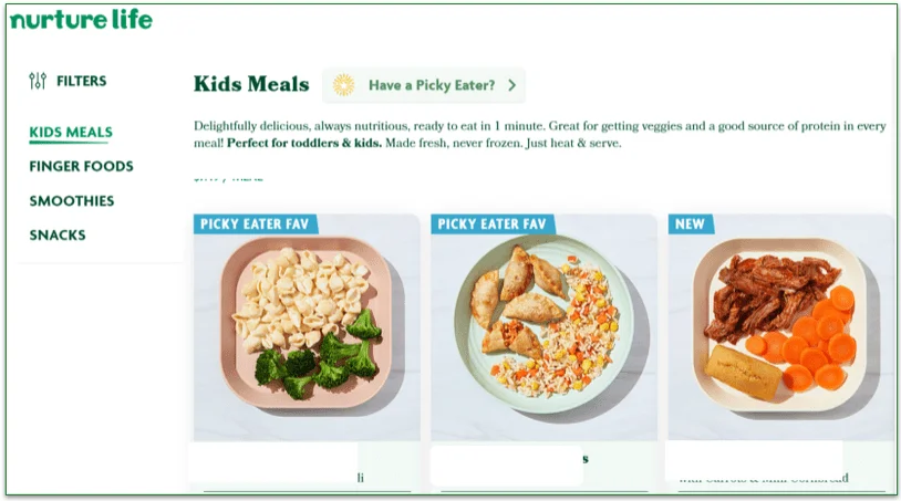 A small portion of Nurture Life's Kids Meals