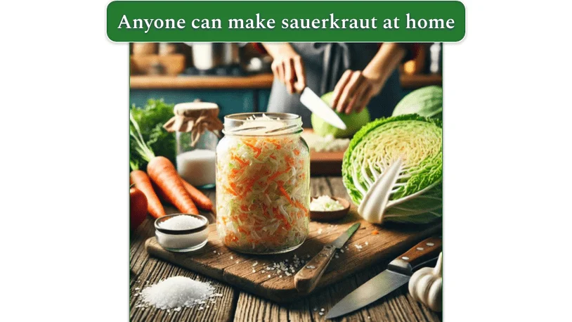 Sauerkraut in a jar on a wooden chopping board with a half cabbage next to it