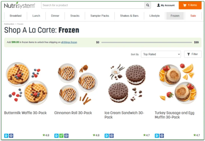 Screenshot of Nutrisystem's frozen a la carte items and a popup that reads "you qualify for free shipping on frozen items!"
