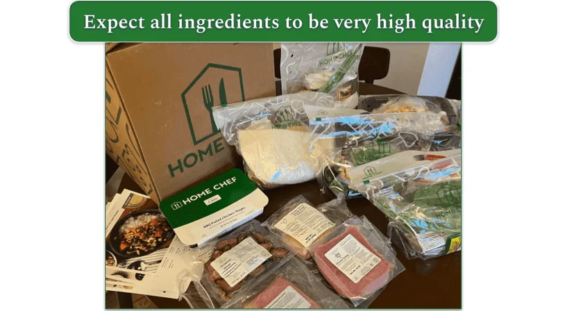 An unboxed Home Chef order showing bags with ingredients sorted by recipe and proteins separately