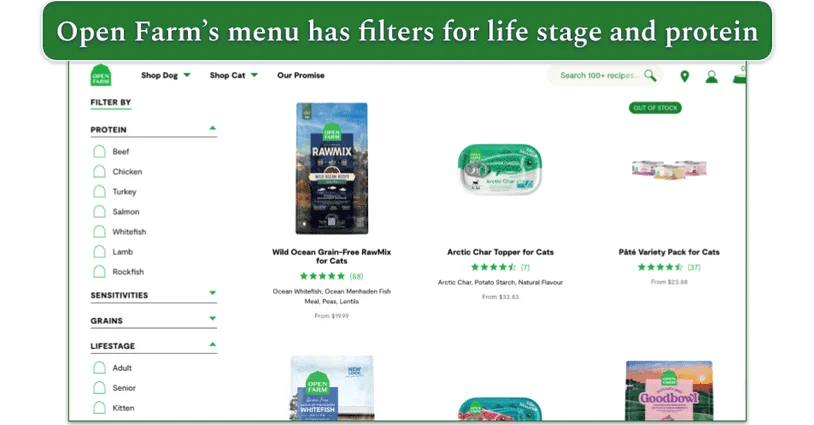 Screenshot of Open Farm’s cat food menu and filters sidebar