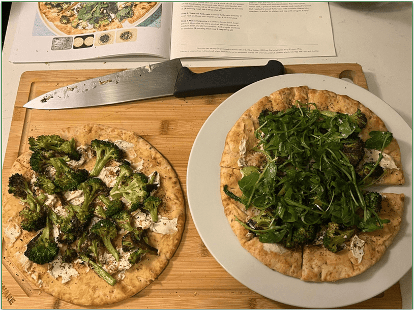 Purple Carrot’s Roasted Broccoli Flatbreads at the final stage of preparation