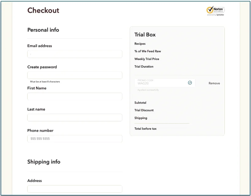 Screenshot of We Feed Raw's checkout page