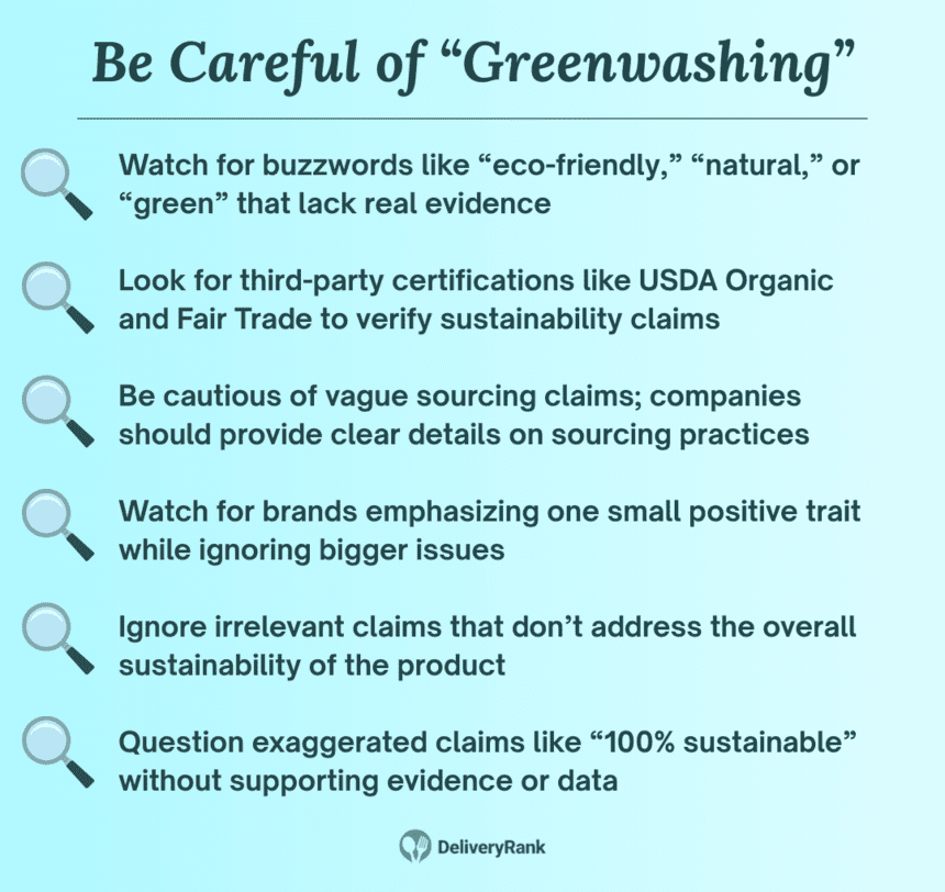 An infographic showing how to avoid falling for "greenwashing" marketing tactics.