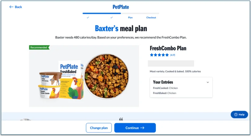 PetPlate's recommended meal plan page