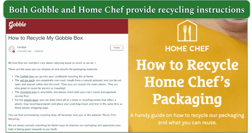 Screenshots of recycling instructions from Gobble and Home Chef