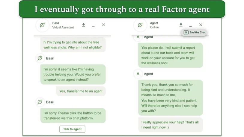 Screenshots of Factor's virtual agent and real agent chats