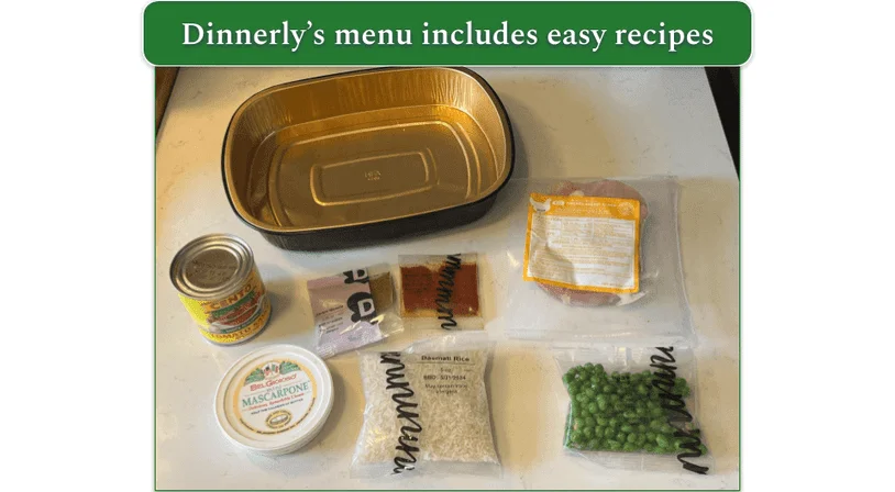 A recyclable baking tray and several ingredients from Dinnerly