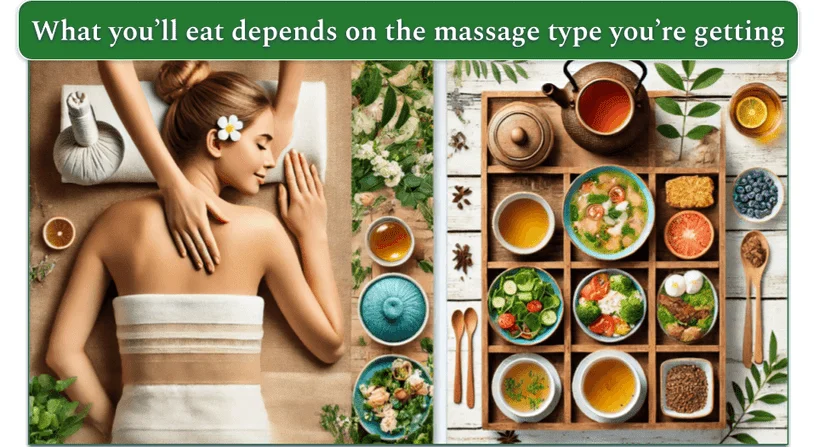  A 2-image collage showing a young woman getting a massage and recommended foods.