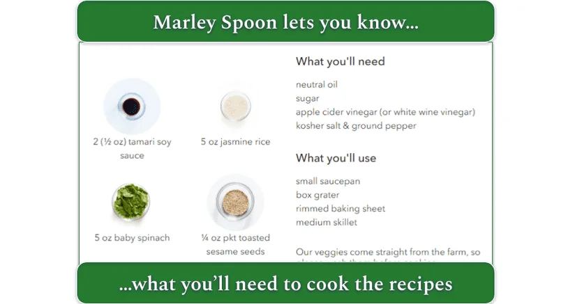 Image of a screenshot of one of Marley Spoon's recipes with the "What you'll need" section highlighted