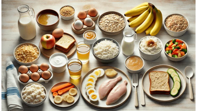 A collection of easy-to-digest foods like bread, rice, and lean chicken