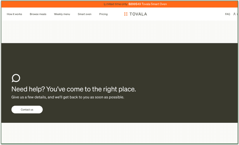 screenshot of Tovala's customer support page