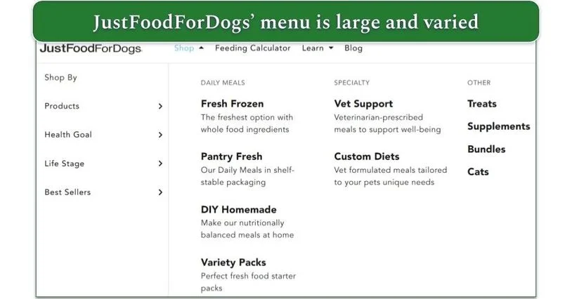 Screenshot of the products available from JustFoodForDogs