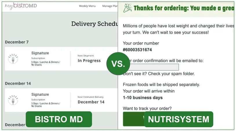 Comparison of BistroMD's upcoming delivery screen and Nutrisystem's delivery confirmation