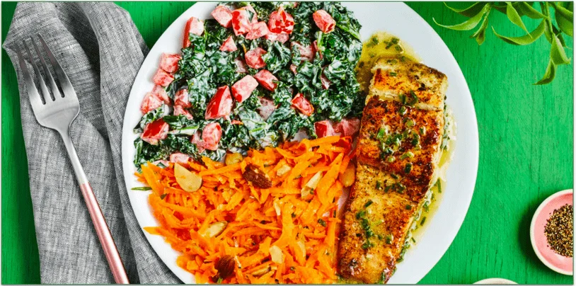 Green Chef's Lemon-Butter Barramundi with Creamy Kale & Tomato, Carrot Almond Salad