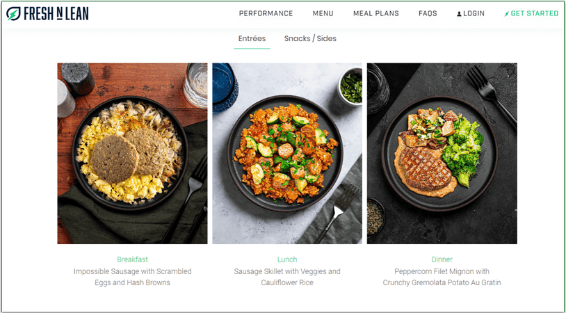 Screenshot of Fresh N Lean's entrees including breakfast, lunch, and dinner