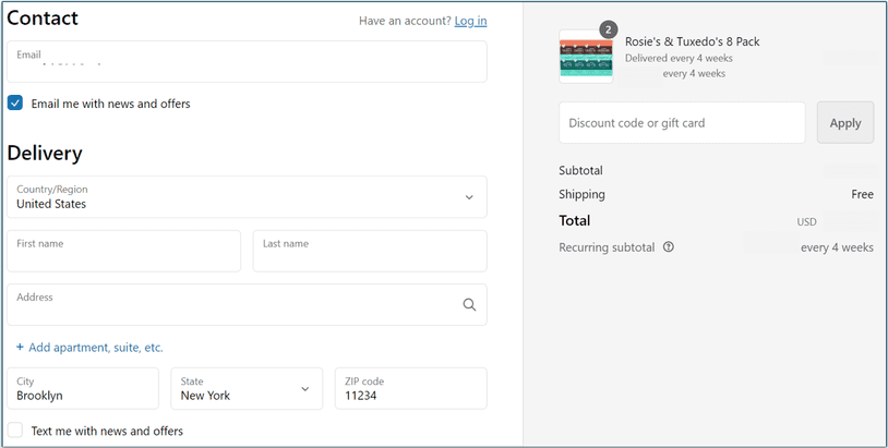 Personal info and the price breakdown at checkout