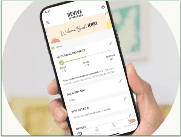Revive Superfoods app displayed on a mobile
