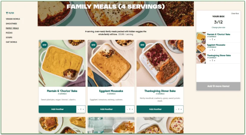 Screenshot of Mosaic Foods' Family Meals menu