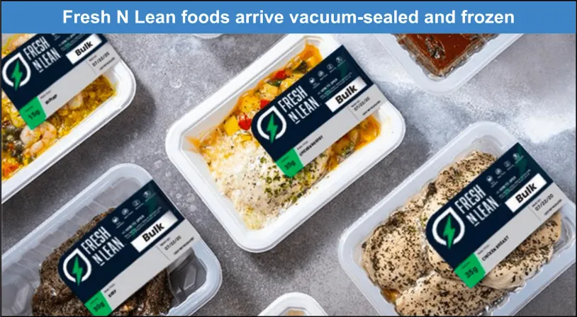 Screenshot of delivered Fresh N Lean foods in vacuum-sealed containers.
