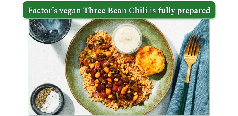 Three bean chili from Factor with cornbread and tofu based crema has kidney beans, pinto beans and black beans