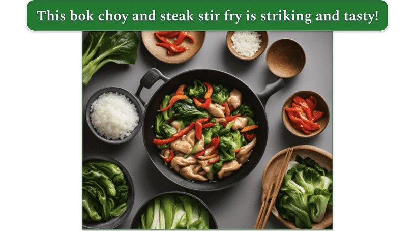 a pan filled with bok choy and chicken stir fry on a table beside some peas and a bowl of sticky rice