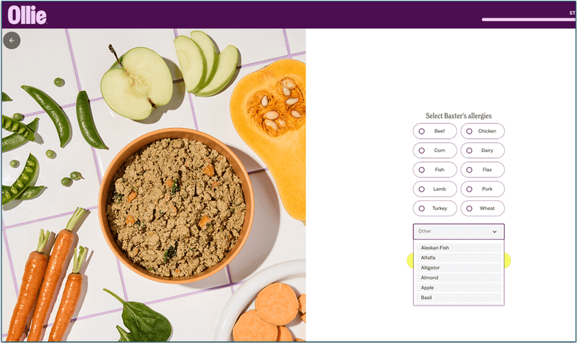 screengrab of select allergies page of Ollie's sign up quiz