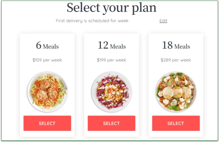 Screenshot of Sprinly's meal plans and costs for 6, 12, and 18 meals
