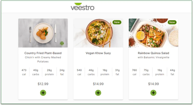 3 dishes on Veestro's menu with prices