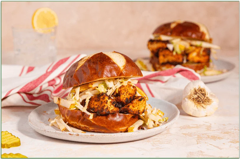 Purple Carrot's Nashville Hot Fried Tofu Sandwiches with Creamy Cabbage & Pear Slaw