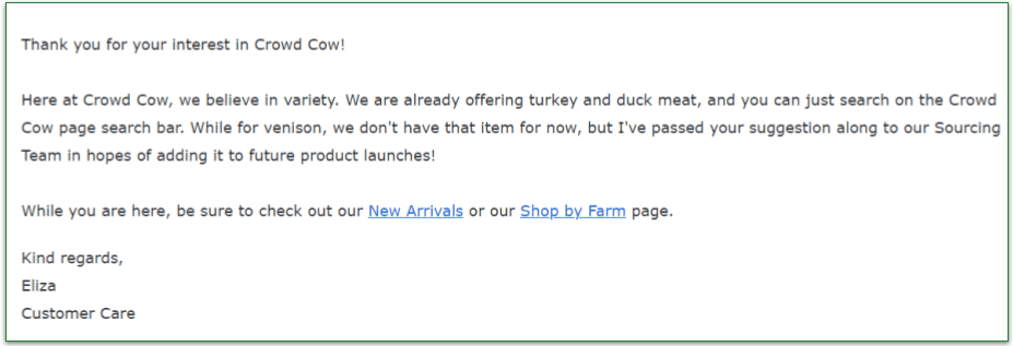 Response of a customer care agent from Crowd Cow